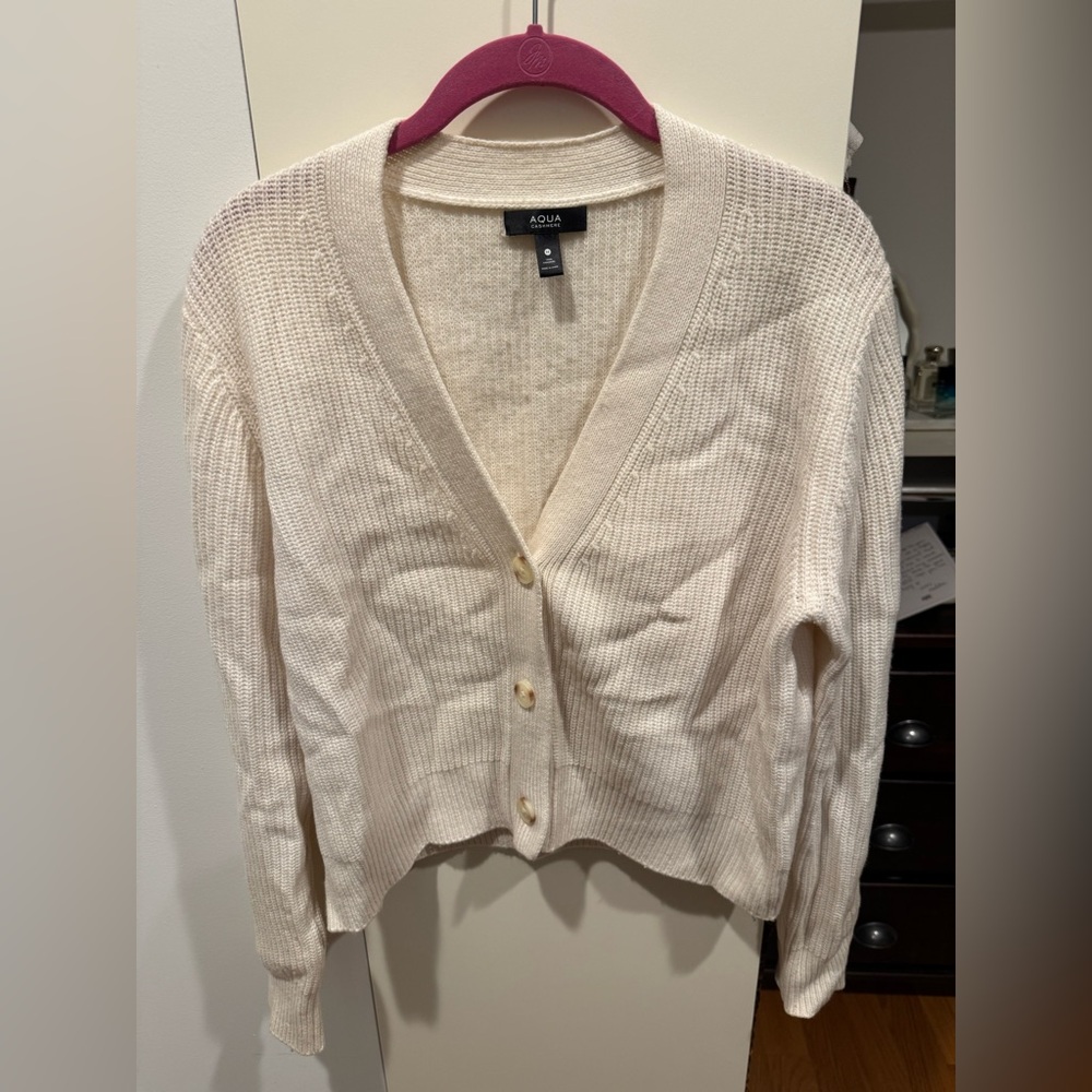 AQUA Cashmere V-Neck Ribbed Cardigan - Cream/Ivory - Size M